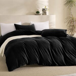 JELLYMONI Black Velvet Duvet Cover Queen Size - Ultra Soft Flannel Comforter Cover, 3-Piece Luxury Fluffly Duvet Cover with 8 Corner Ties & Zipper Closure