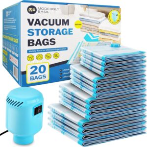 20 pack vacuum storage bags with electric pump, (4 jumbo/4 large/ 4 medium/ 4 small/ 4 roll) vacuum sealed bags for clothing, comforters, blankets, bedding - space saver vacuum storage bags