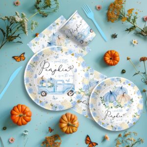 Srua Don Pumpkin Baby Shower Decorations Tableware, Blue Little Pumpkin Baby Shower Party Supplies, Plate, Cup, Napkin, Cutlery, Tablecloth, Thanksgiving Fall Pumpkin Baby Boy Decorations, Serve 24