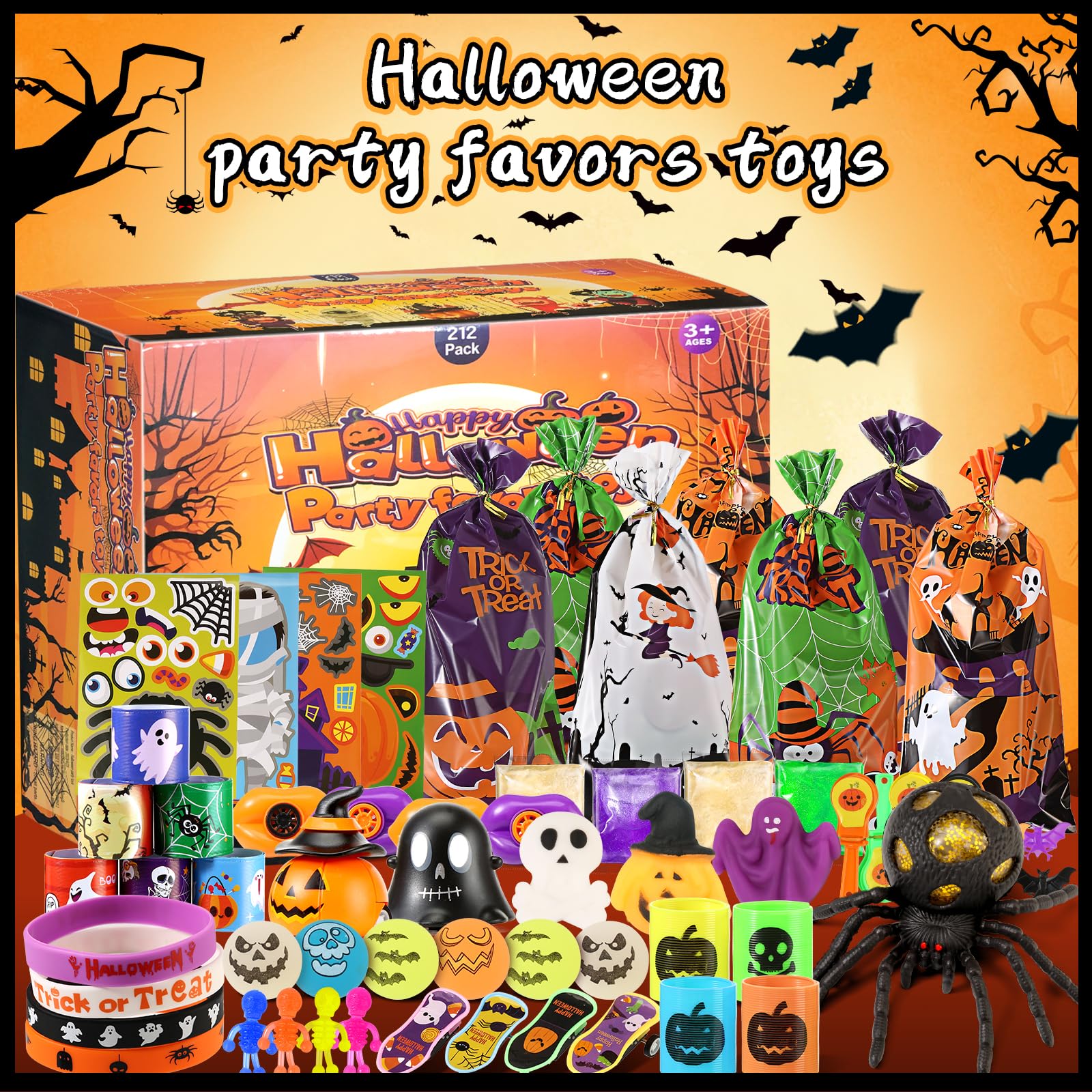 212 PCS Halloween Party Favors for Kids, Bulk Halloween Toys for Kids Halloween Treats Bag Stuffers Party Supplies Decor, Non-Candy Halloween Treats Prize Toy, Fun Halloween Gifts Goodie Bags Fillers