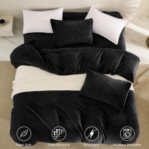 JELLYMONI Black Velvet Duvet Cover Queen Size - Ultra Soft Flannel Comforter Cover, 3-Piece Luxury Fluffly Duvet Cover with 8 Corner Ties & Zipper Closure