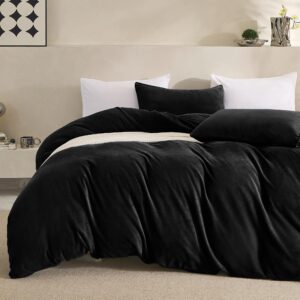 jellymoni black velvet duvet cover queen size - ultra soft flannel comforter cover, 3-piece luxury fluffly duvet cover with 8 corner ties & zipper closure