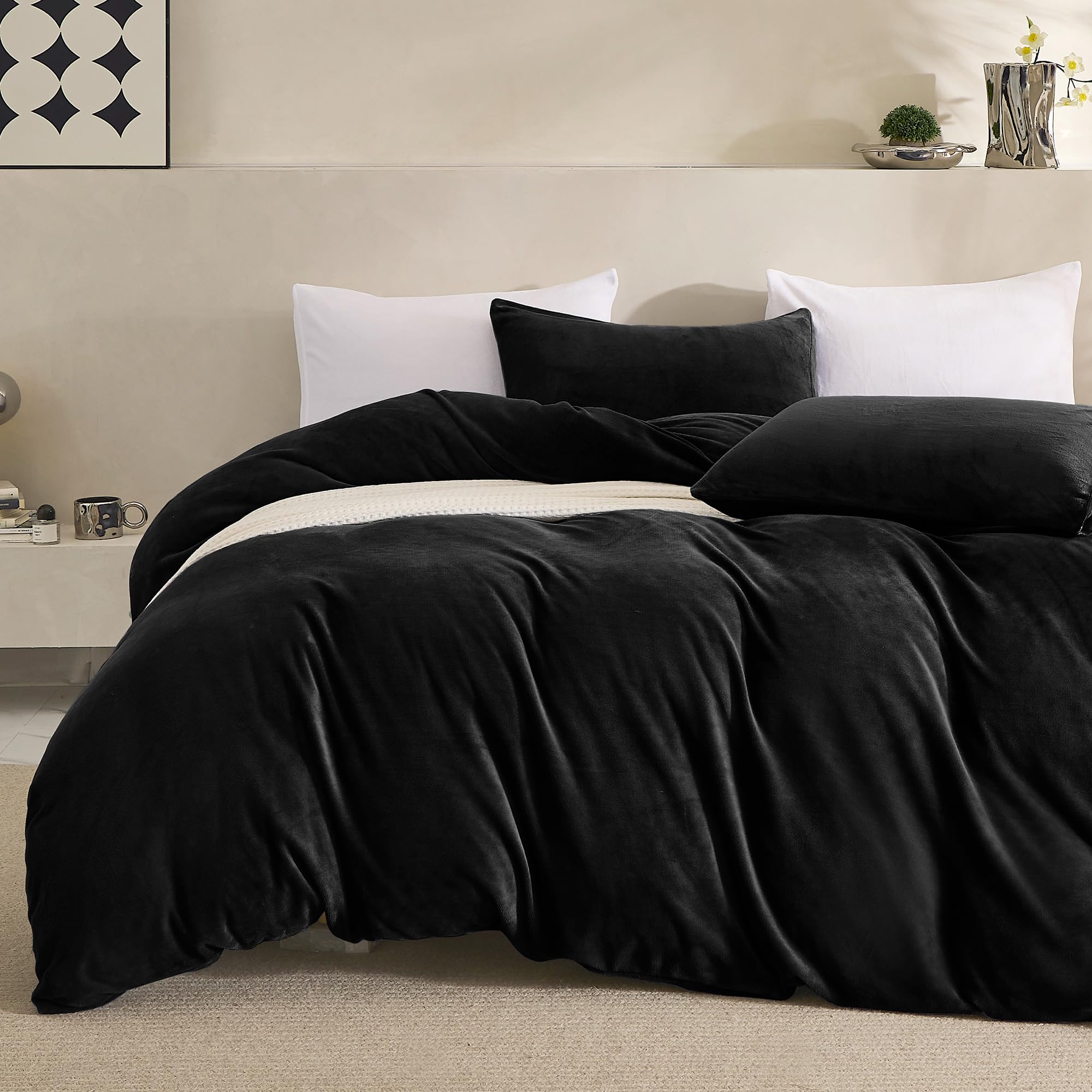 JELLYMONI Black Velvet Duvet Cover Queen Size - Ultra Soft Flannel Comforter Cover, 3-Piece Luxury Fluffly Duvet Cover with 8 Corner Ties & Zipper Closure