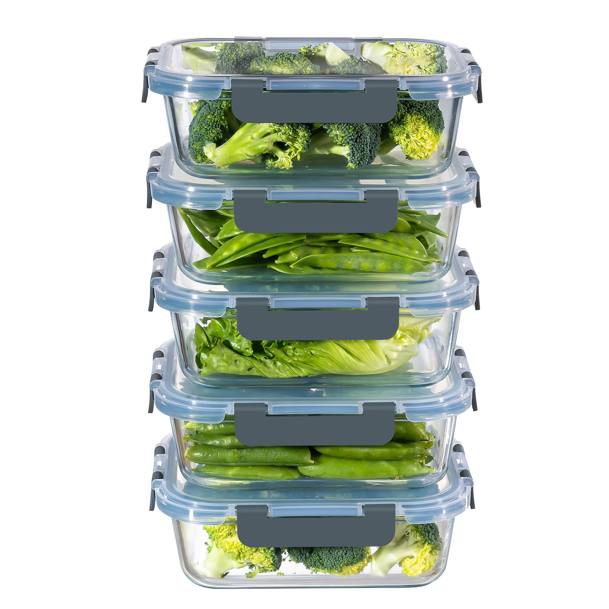 MFY 5-Pack 36 OZ Glass Storage Containers with Lids, Glass Meal Prep Containers Set, Airtight Glass Lunch Containers with Lids, Microwave, Oven, Freezer and Dishwasher Safe, Gray