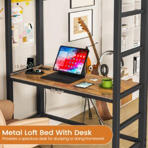 Hasuit Loft Bed Twin Size with Desk and Charging Station Metal Twin Loft Bed with LED Lights, 4 Storage Shelves and 2 Fabric Drawers, Twin Size Loft Bed with Safety Guard, Clothes Rail & Ladder, Black