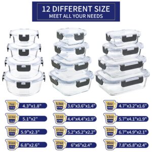 MFY 12-Pack Glass Storage Containers with Lids, Glass Meal Prep Containers Set, Airtight Glass Lunch Containers with Lids, Microwave, Oven, Freezer and Dishwasher Safe, Gray