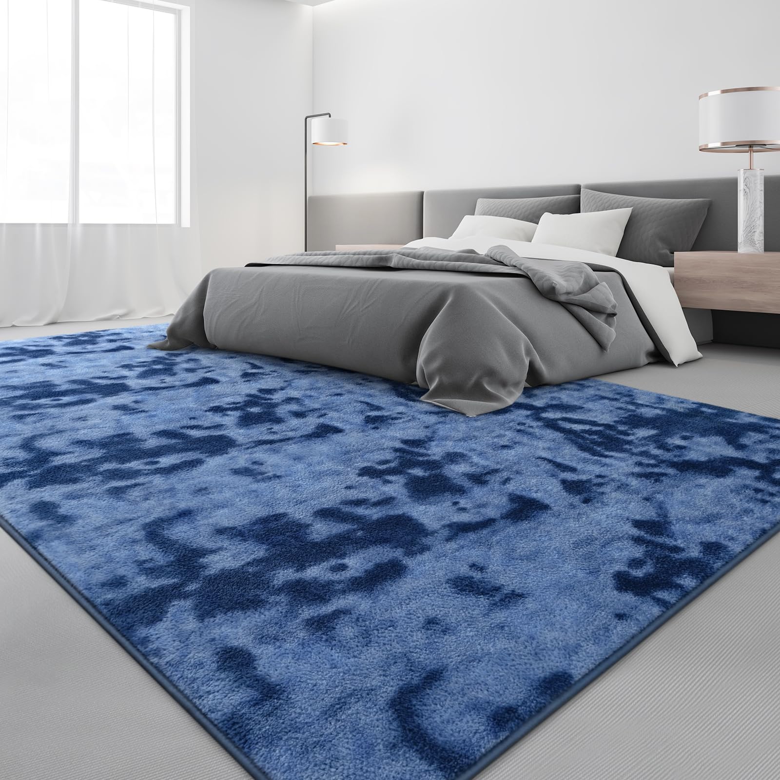 Lascpt Soft Area Rug for Living Room, 7x10 Ft Tie-Dyed Navy Blue Rug Thicken Memory Foam Large Rug for Bedroom, Abstract Throw Rug for Girls Boys Women Kids, Carpet for Bedroom Nursery Room Decor