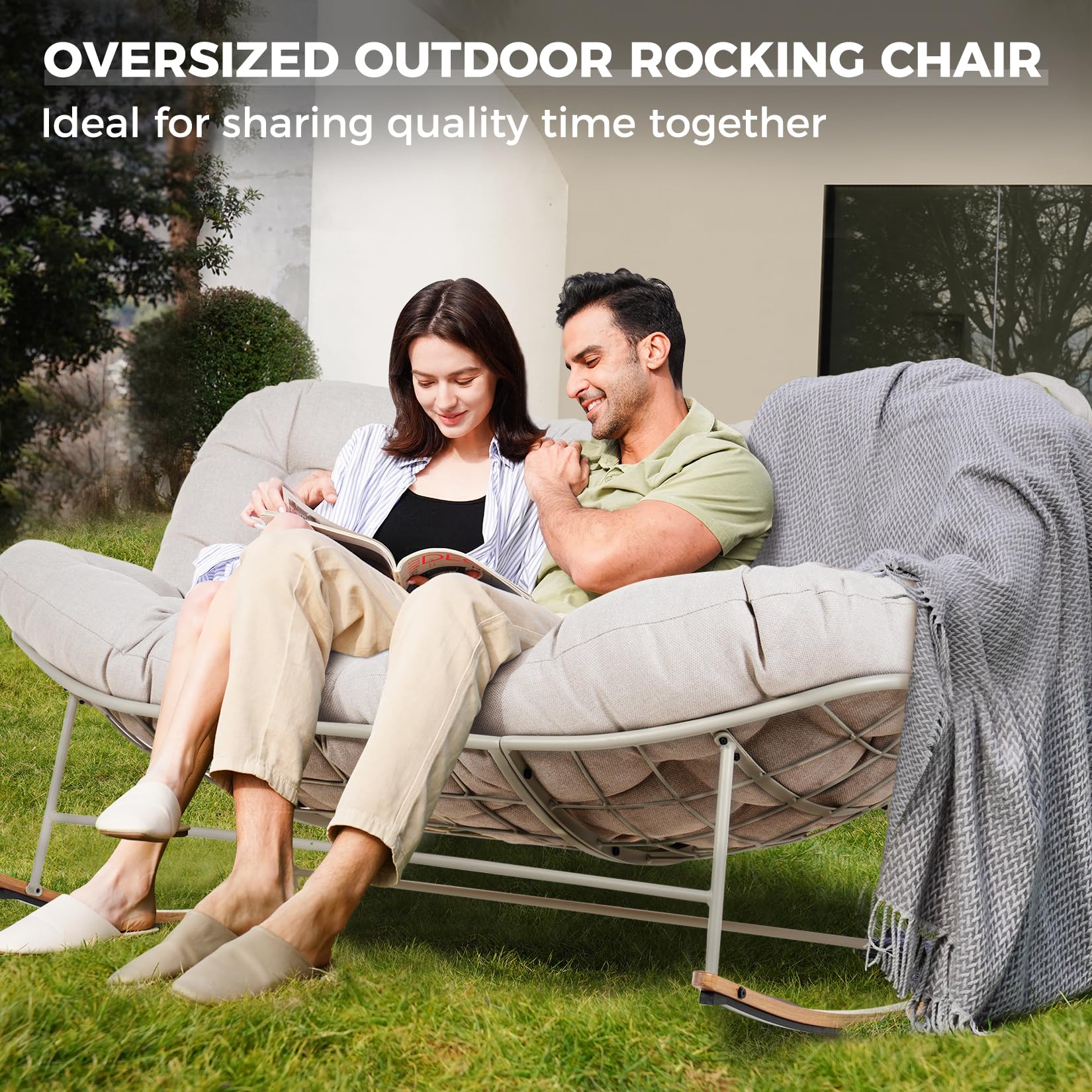 Grand patio Rocking Chair Outdoor, Oversized Rocking Chair for 2 with E-Coated Steel Frame and Thick Cushion, Comfy Papasan Rocking Chair for Patio Porch Deck Indoor