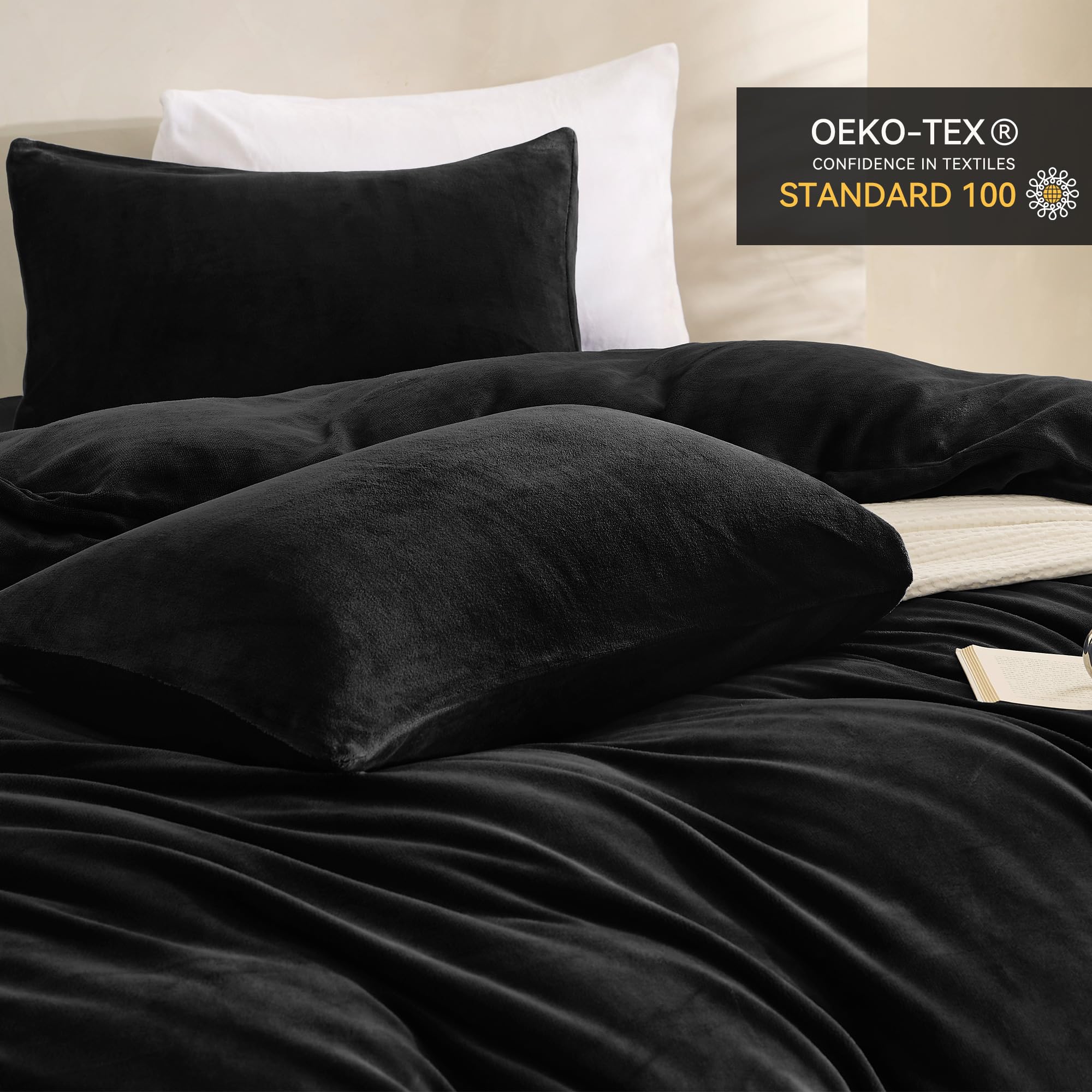 JELLYMONI Black Velvet Duvet Cover Queen Size - Ultra Soft Flannel Comforter Cover, 3-Piece Luxury Fluffly Duvet Cover with 8 Corner Ties & Zipper Closure