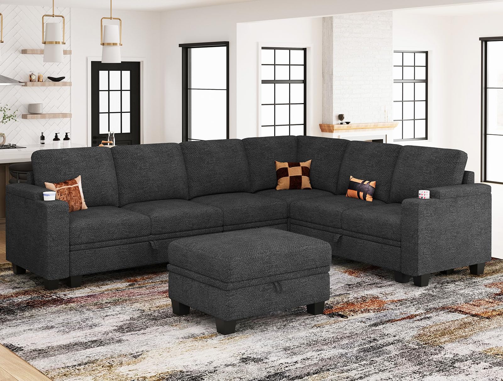 Belffin Modular Sectional Sofa with Storage, L Shaped Sectional Couch with Chaise. Convertible Corner Sectional Couch for Living Room. Dark Gray Couch.