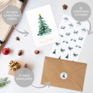 ZICOTO Beautiful Christmas Cards Set of 20 with Watercolor Designs - Incl. Bulk Envelopes, Matching Stickers And Storage Box - Perfect to Send Warm Holiday Wishes to Friends and Family