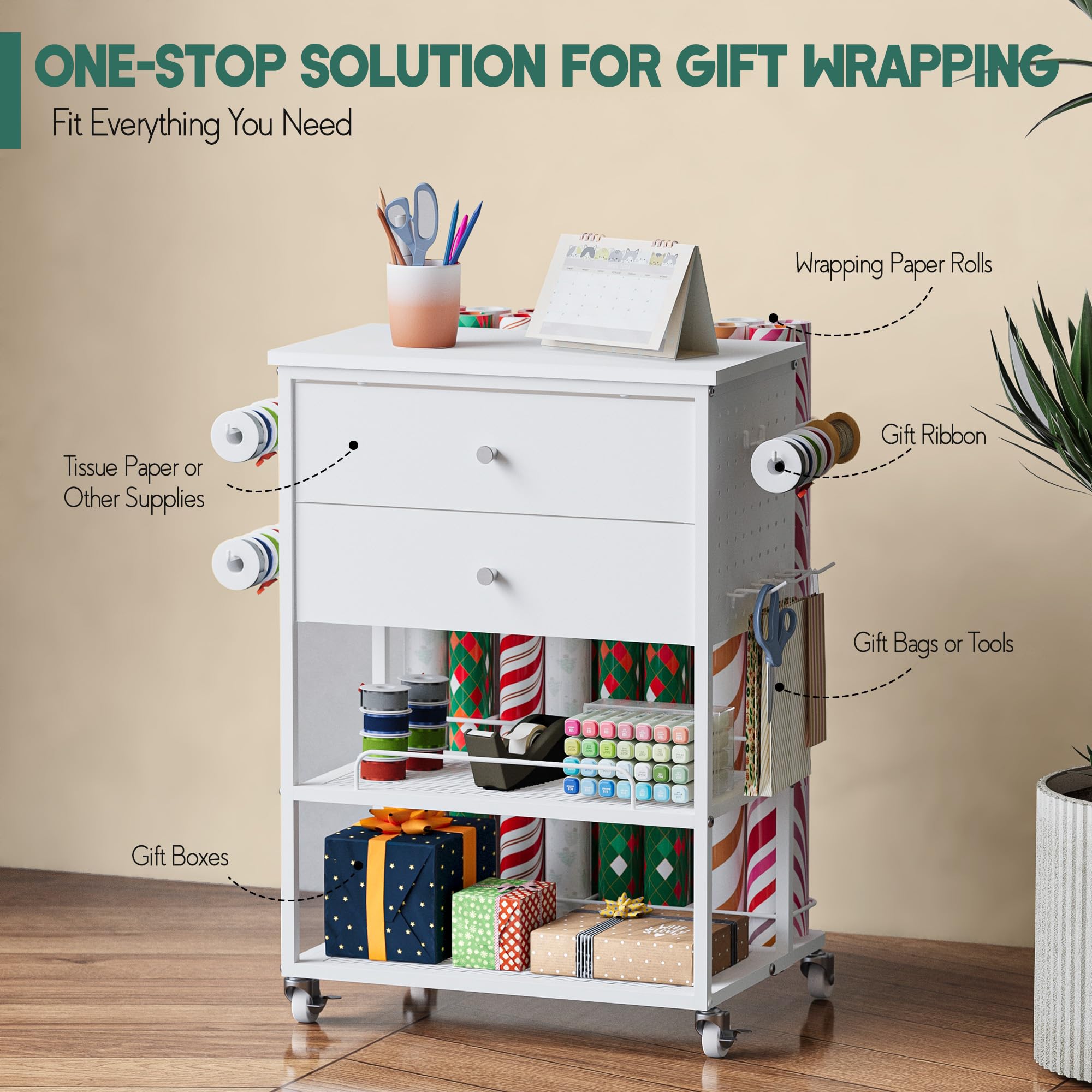 𝗬𝘂𝗺𝗸𝗳𝗼𝗶 Wrapping Paper Storage Cart, Rolling Gift Wrap Station with Ribbon and Gift Bag Storage, Wrapping Paper Organizer Holder, Craft Organizers and Storage for Christmas