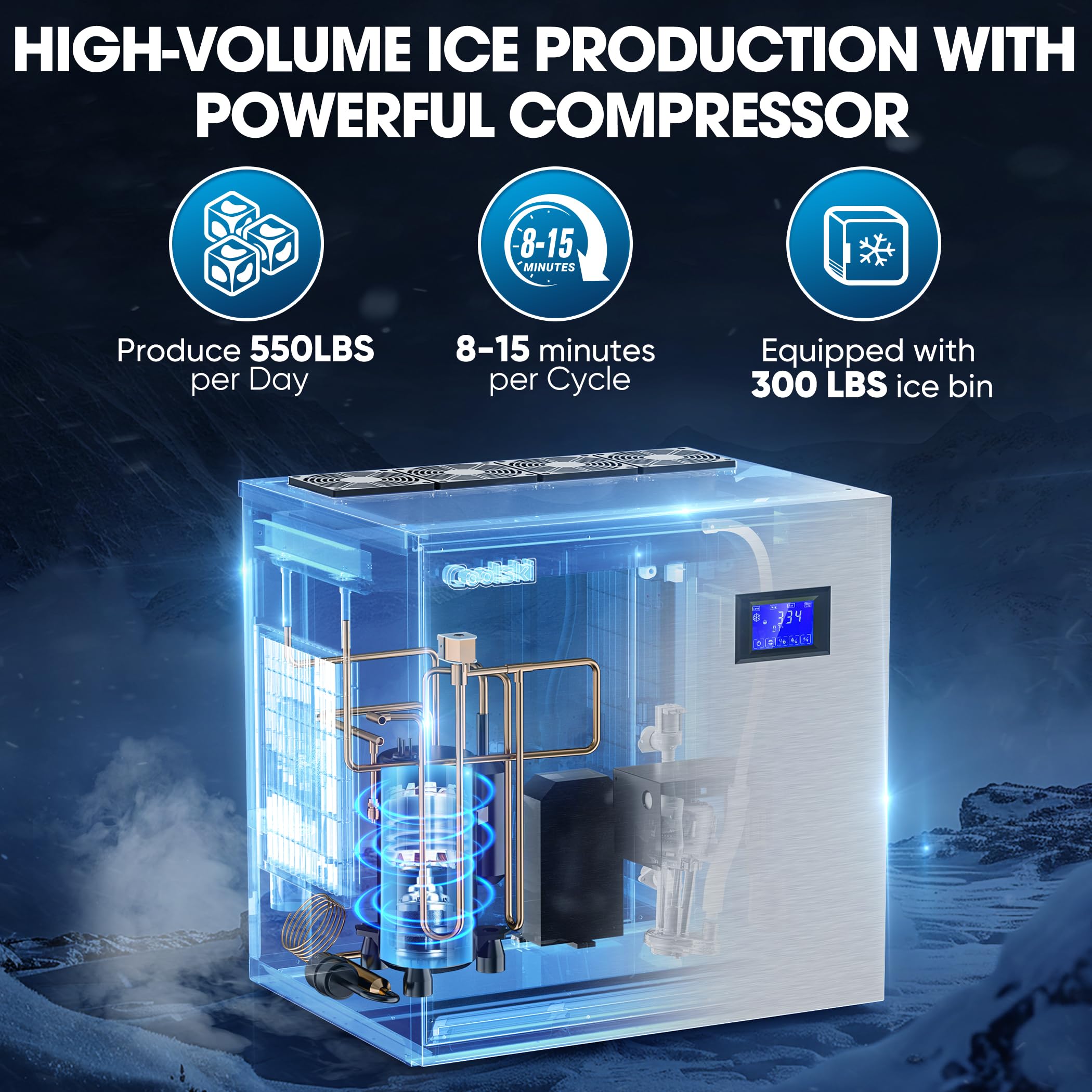 Coolski Commercial Ice Maker Machine 550LBS/Day, 22’’ Wide Industrial Ice Machine with Large Storage Bin, Ice Ready in 5-15 min, Ice Maker for Restaurant/Bars, Stainless Steel/ETL Approved