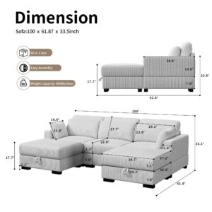 Ravas 100 inch Modular Sectional Sofa,5 Seater Oversized Convertible L | U Shaped Couch, Corduroy Fabric with 2X Storage Bench and 8 Cushion Pillows, Reversable Sofa Couch for Living Room,Lounge