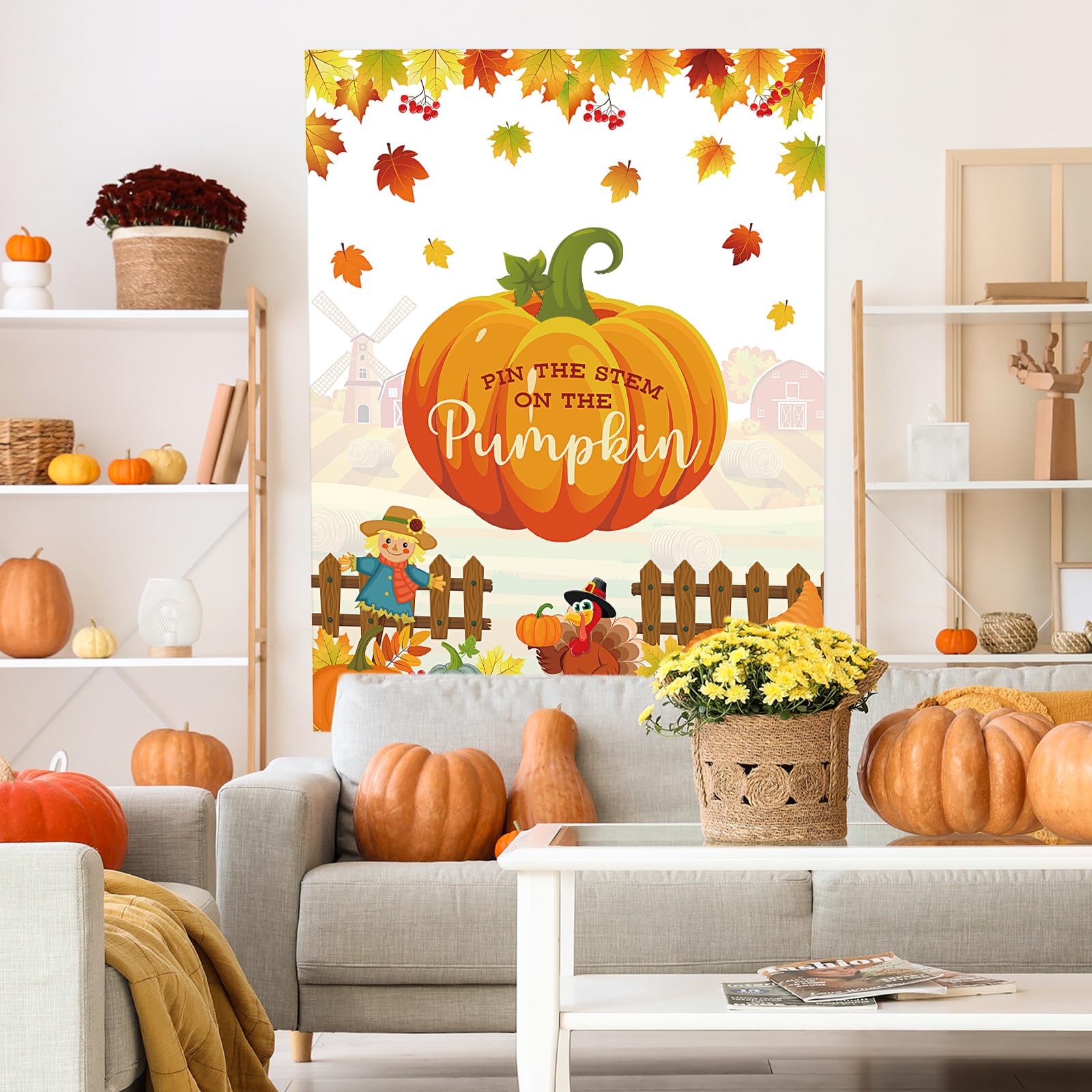 Faccito Thanksgiving Party Games Pin The Stem on The Pumpkin with Blindfold Thanksgiving Gift and Activities Fall Autumn Harvest Pumpkin Pin Game Turkey Poster Thanksgiving Party Supplies