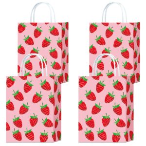 hitkmi 16 pcs strawberry gift bags small strawberry paper goodie bags with handles for birthday party berry sweet party favor bags snack candy bags decoration supplies (pink)