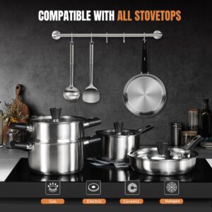 ASKSCICI Stainless Steel Pots and Pans Set, 14-Piece Kitchen Cookware Set with Stay-Cool Handle, Non-Toxic, Dishwasher Safe & Compatible with All Stovetops (Gas, Electric & Induction)