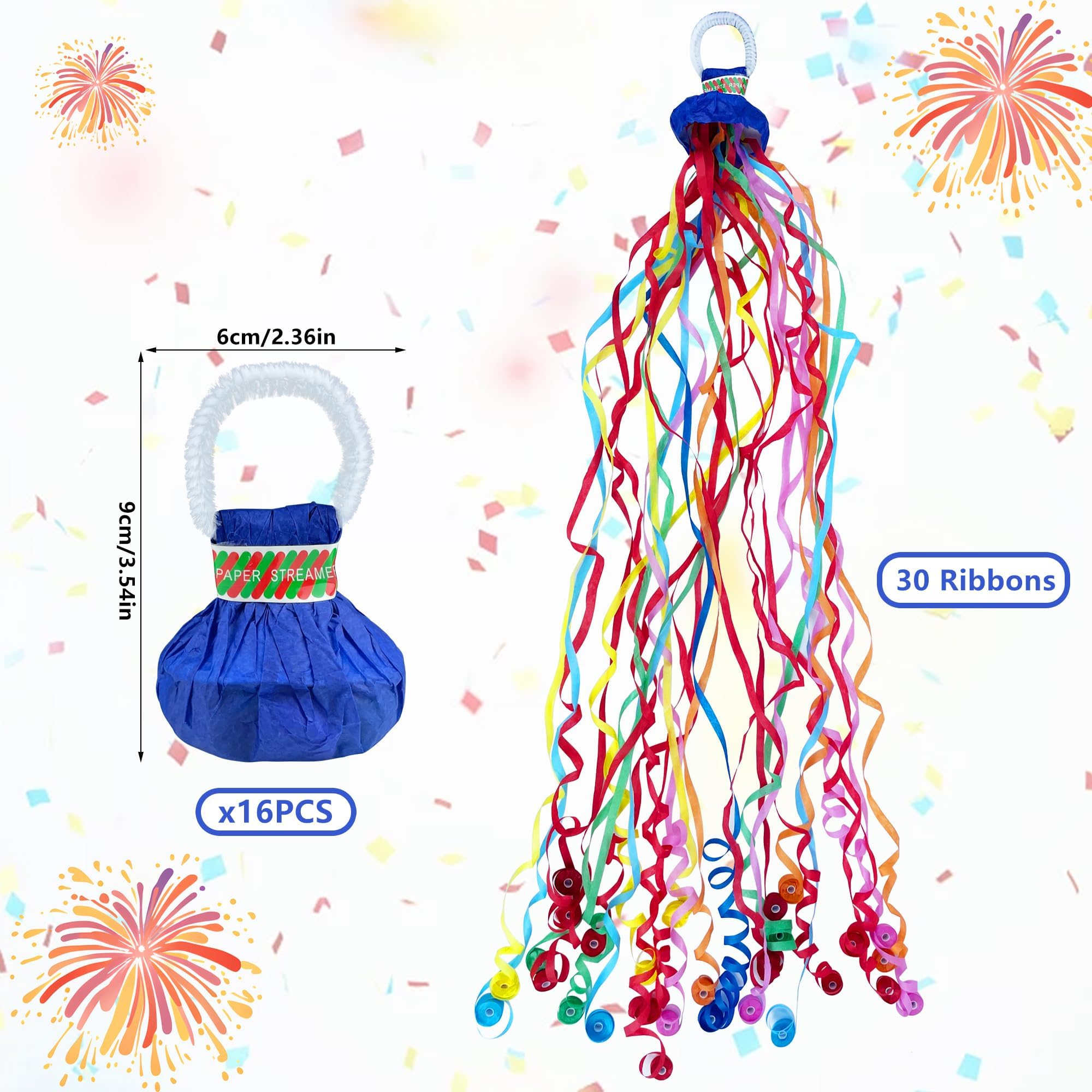 16 Pack Colorful Streamers Poppers Party Poppers Hand Throw Streamers for Birthday Wedding Graduation Engagement Retirement Party Supplies