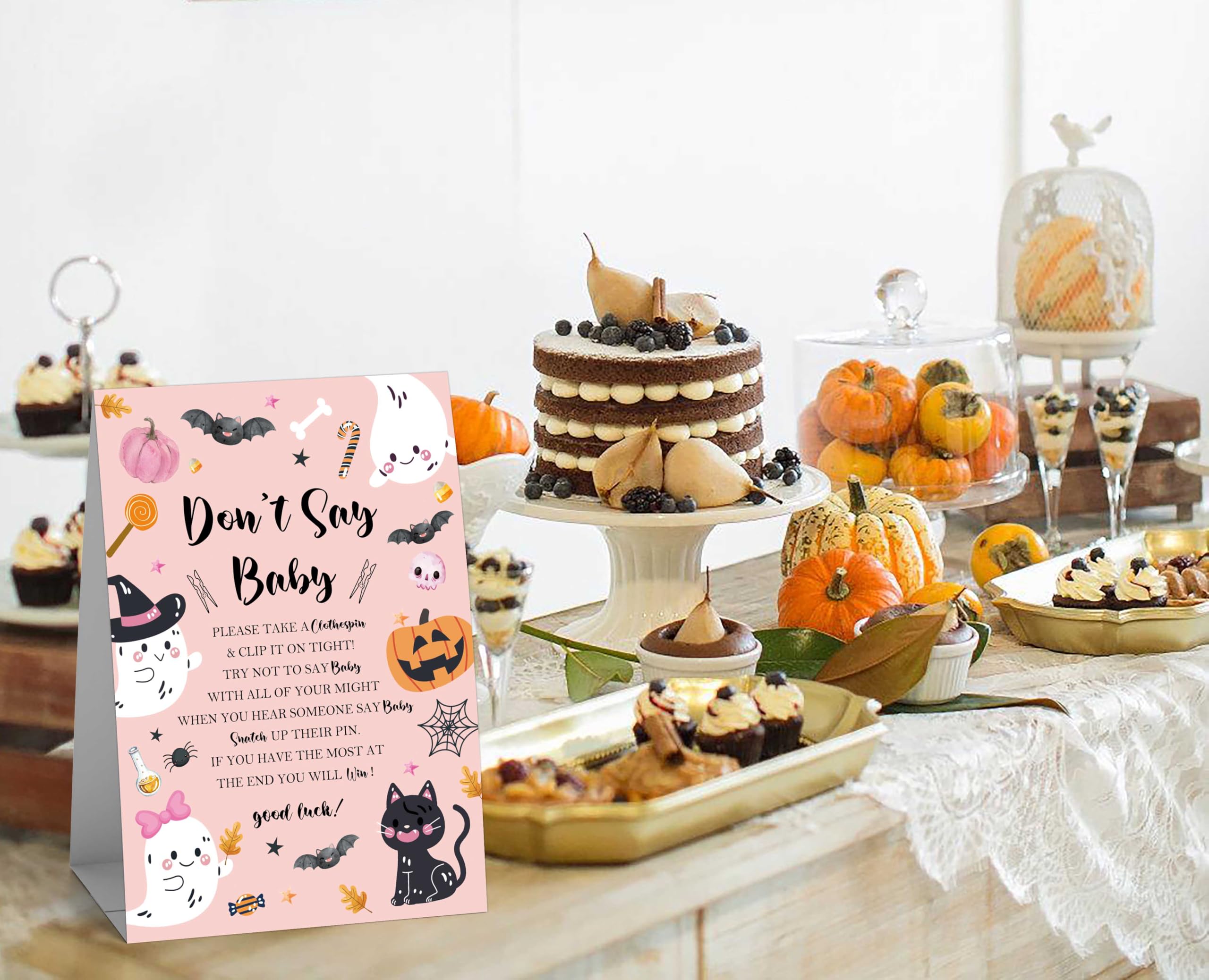 Don't Say Baby Clothespin Games Sign (1 Sign + 50 Mini Clothespins), Halloween Ghost Pumpkin Gender Neutral Gender Reveal Baby Shower Prizes Game, Halloween Baby Shower Party Decorations-SG01