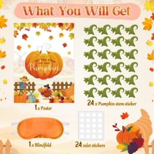 Faccito Thanksgiving Party Games Pin The Stem on The Pumpkin with Blindfold Thanksgiving Gift and Activities Fall Autumn Harvest Pumpkin Pin Game Turkey Poster Thanksgiving Party Supplies