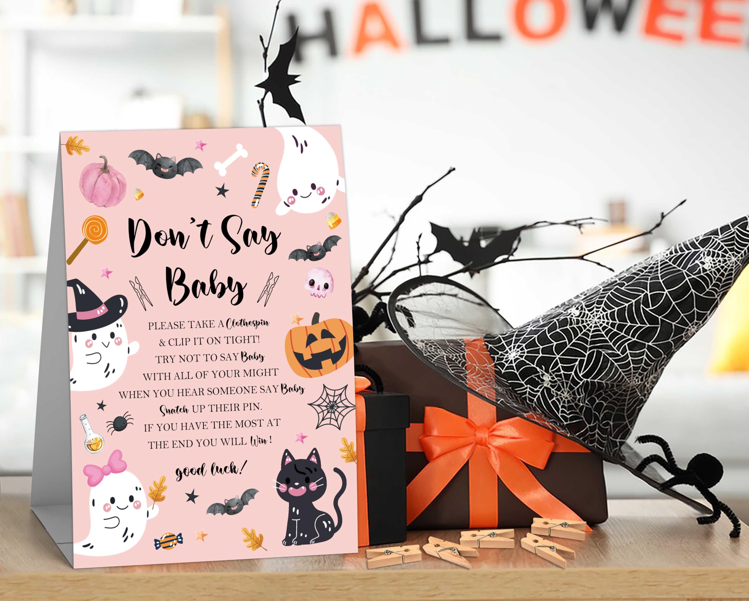 Don't Say Baby Clothespin Games Sign (1 Sign + 50 Mini Clothespins), Halloween Ghost Pumpkin Gender Neutral Gender Reveal Baby Shower Prizes Game, Halloween Baby Shower Party Decorations-SG01