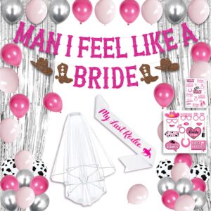 cowgirl bachelorette party decorations, last rodeo bachelorette decorations include man i feel like a bride banner, bachelorette temporary tattoos, pink bachelorette party decor for western cowgirl