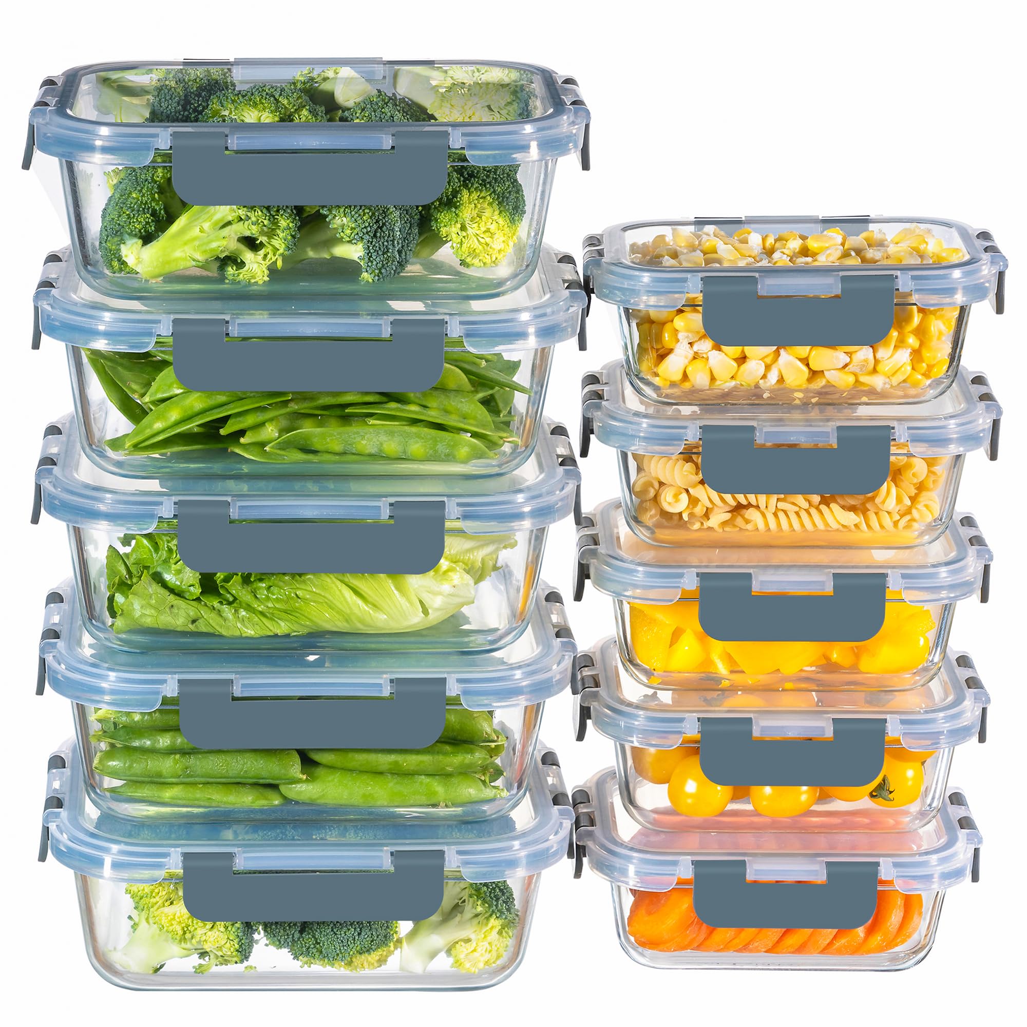 MFY 10-Pack Glass Storage Containers with Lids, Glass Meal Prep Containers Set, Airtight Glass Lunch Containers with Lids, Microwave, Oven, Freezer and Dishwasher Safe, Gray