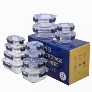 MFY 12-Pack Glass Storage Containers with Lids, Glass Meal Prep Containers Set, Airtight Glass Lunch Containers with Lids, Microwave, Oven, Freezer and Dishwasher Safe, Gray