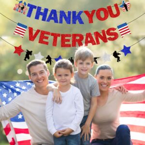 Glitter Veterans Day Decorations, NO-DIY Thank You Veterans Banner Garland, Happy Veterans Day Banner, Veterans Day Banner for Indoor Outdoor Veterans Day Decor Party, Patriotic Decorations