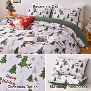 Luxudecor Christmas Duvet Cover Set Queen Size 3 Pieces, Green Christmas Tree Pattern, Soft Microfiber Duvet Cover, Reversible Bedding Set Xmas Holiday Decor(Not Comforter)