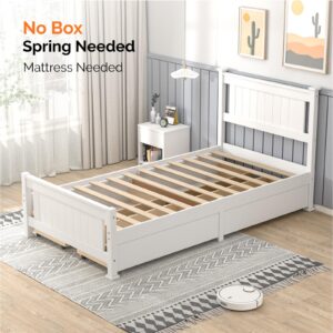 VINGLI Twin Size Bed Frame with 4 Drawers on Wheels and Headboard, Twin Wood Platform Bed with Storage Underneath, Mattress Foundation with Wooden Slats Support, No Box Spring Needed, White