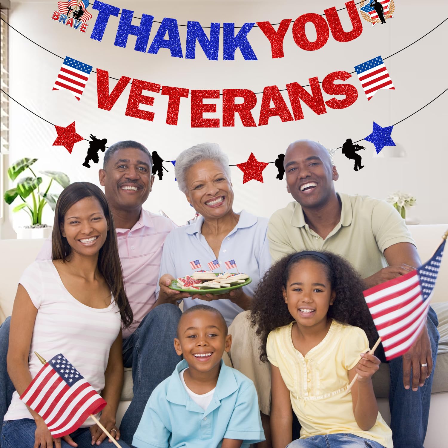 Glitter Veterans Day Decorations, NO-DIY Thank You Veterans Banner Garland, Happy Veterans Day Banner, Veterans Day Banner for Indoor Outdoor Veterans Day Decor Party, Patriotic Decorations