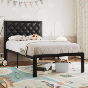 Foredawn Twin Bed Frame with Faux Leather Upholstered Headboard, Metal Support, No Box Spring Needed, Noise Free, Under Bed Storage, Easy Assembly, Black