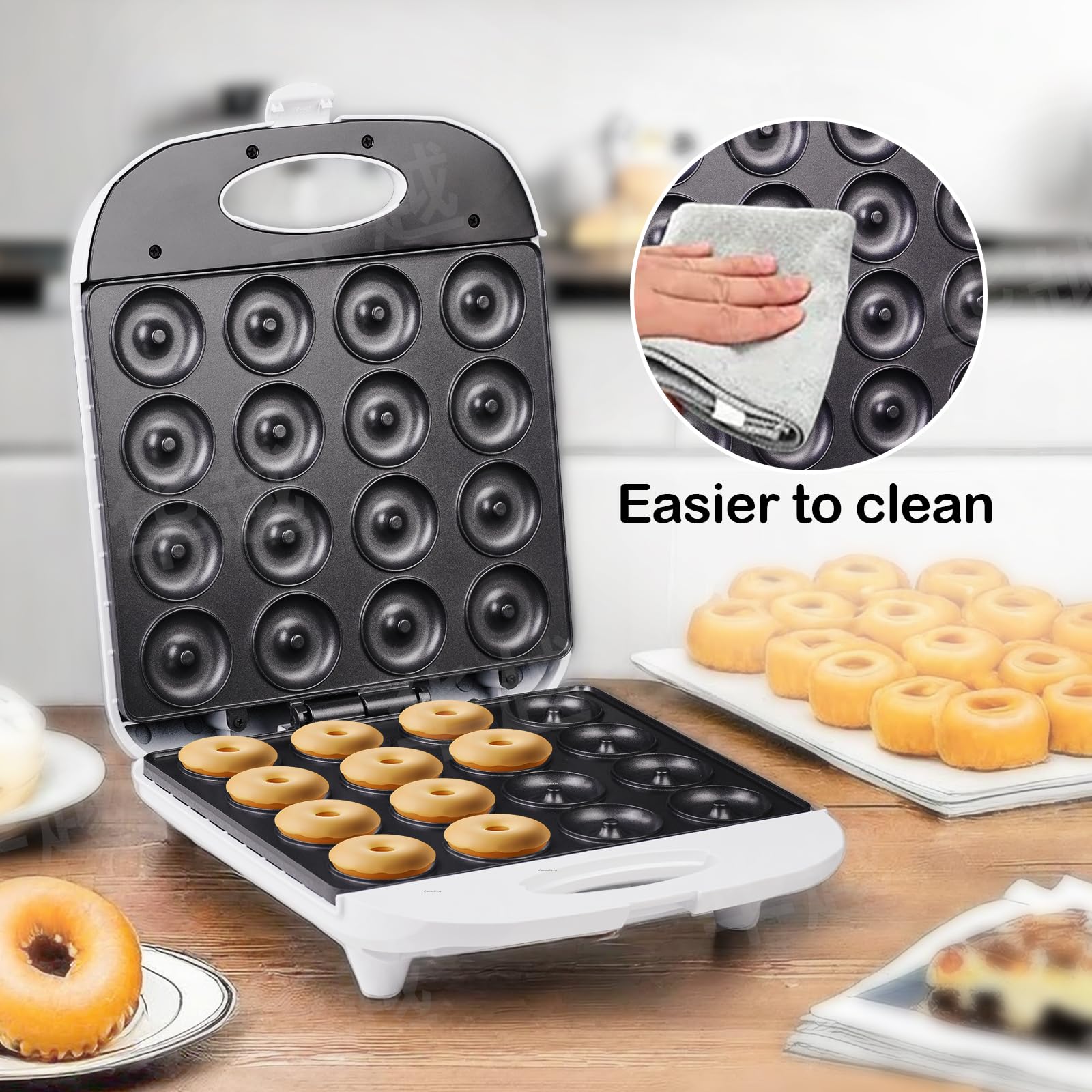 16 Hole Mini Donut Machine, Double Sided Heating Mini Donut Maker Machine,1400W Perfect for Breakfast, Snacks & Desserts,Non-stick Surface, Kid's friendly