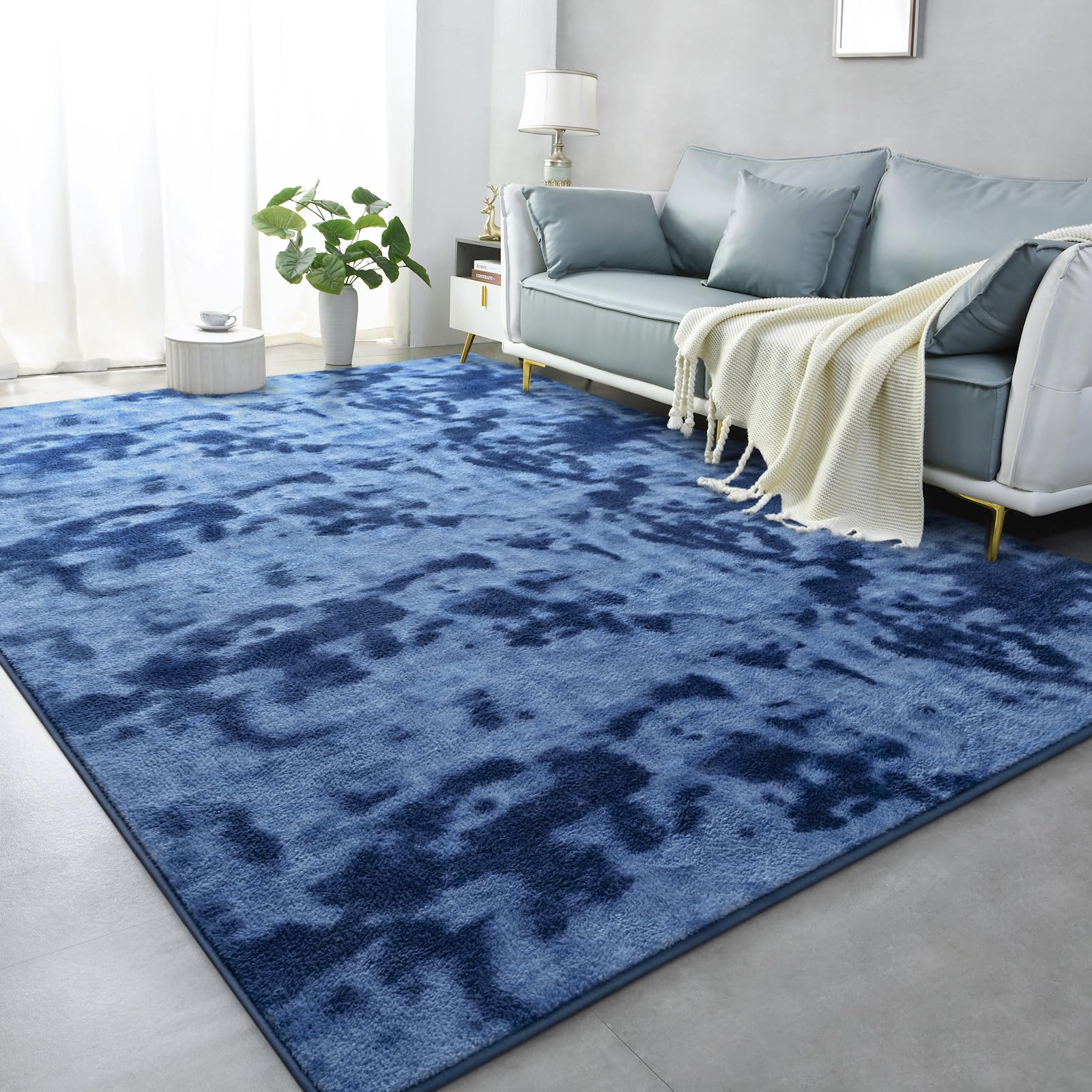 Lascpt Soft Area Rug for Living Room, 7x10 Ft Tie-Dyed Navy Blue Rug Thicken Memory Foam Large Rug for Bedroom, Abstract Throw Rug for Girls Boys Women Kids, Carpet for Bedroom Nursery Room Decor