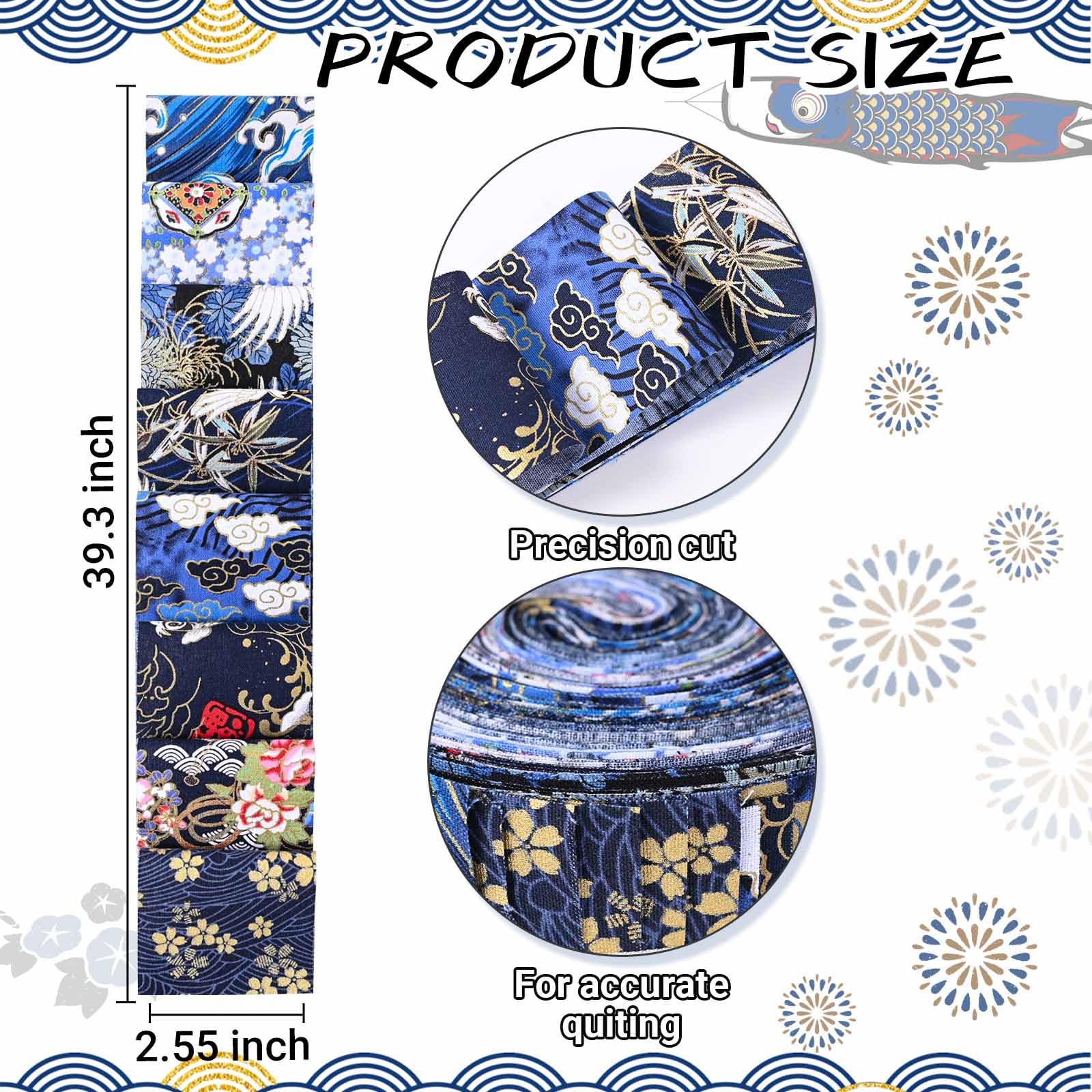 40 Pcs Blue Japanese Style Jelly Roll Blue Ukiyoe Fabric Strips for Quilting Crafting Blue Sea Wave Bird Floral Precut Polyester Patchwork for Sewing DIY Crafts Fabric Bundles Strips 39.37 × 2.55 Inch