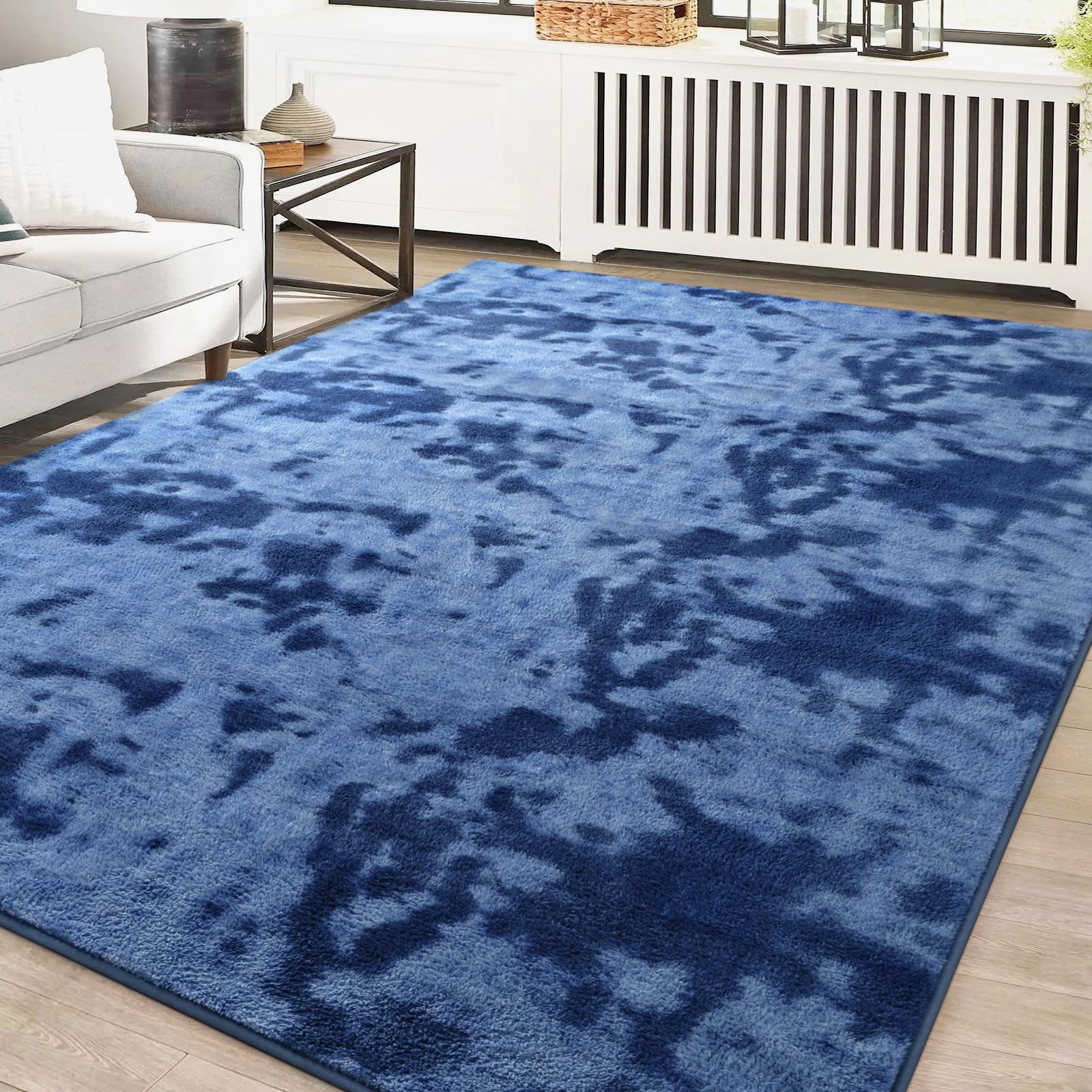 Lascpt Soft Area Rug for Living Room, 7x10 Ft Tie-Dyed Navy Blue Rug Thicken Memory Foam Large Rug for Bedroom, Abstract Throw Rug for Girls Boys Women Kids, Carpet for Bedroom Nursery Room Decor