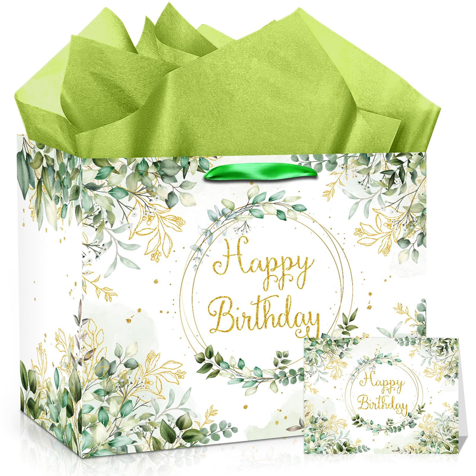 Sage Green Birthday Gift Bag Large Happy Birthday Paper Bags with Tissue Paper and Greeting Cards Eucalyptus Birthday Wrapping Paper Bag Goodie Bags for Girls Boys Birthday Party Decorations Supplies