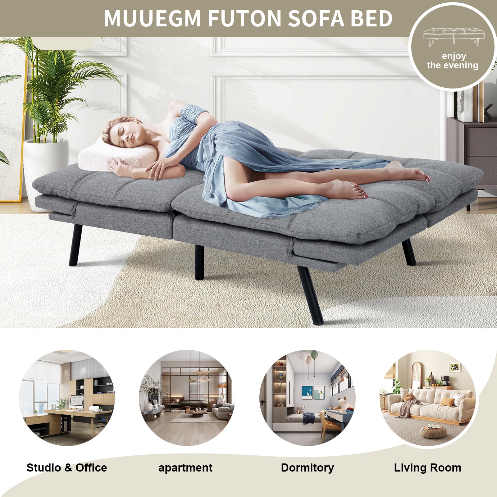 MUUEGM Futon Sofa Bed, Convertible Memory Foam Couch Bed for Living Room,Office,Apartment,71" Adjustable Sleeper Sofa,Light Grey