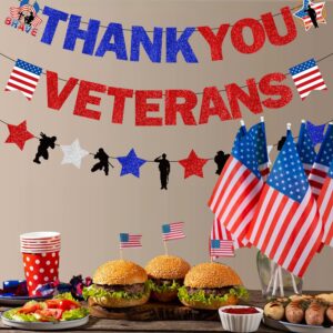 Glitter Veterans Day Decorations, NO-DIY Thank You Veterans Banner Garland, Happy Veterans Day Banner, Veterans Day Banner for Indoor Outdoor Veterans Day Decor Party, Patriotic Decorations