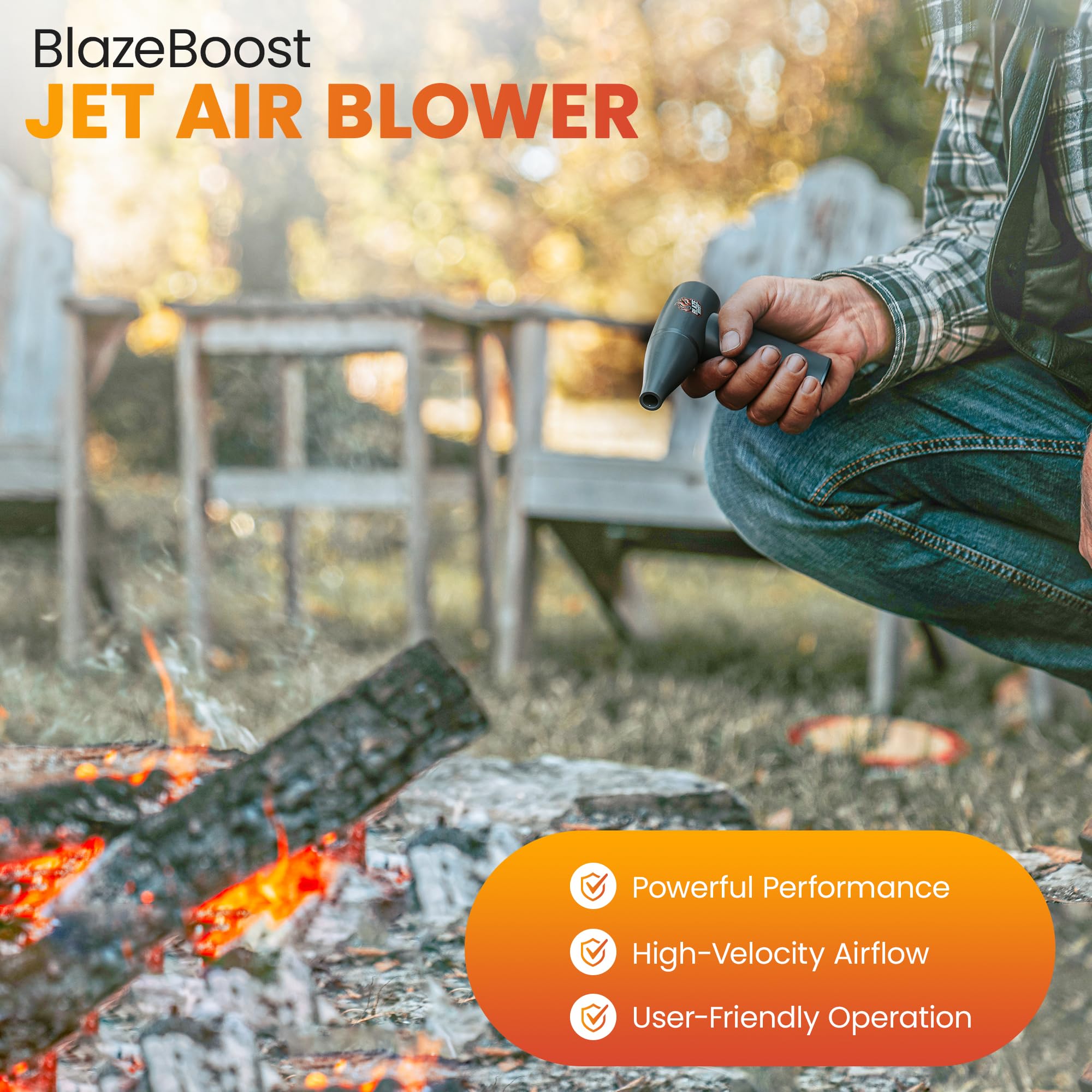 BlazeBoost Jet Air Blower - Jump Start Your Fireplace, Fire Pit,Charcoal Grill Or Campfire by Delivering A Ridiculous Amount of Oxygen to Your Fire 100,000 RPM Power with Rechargeable Battery