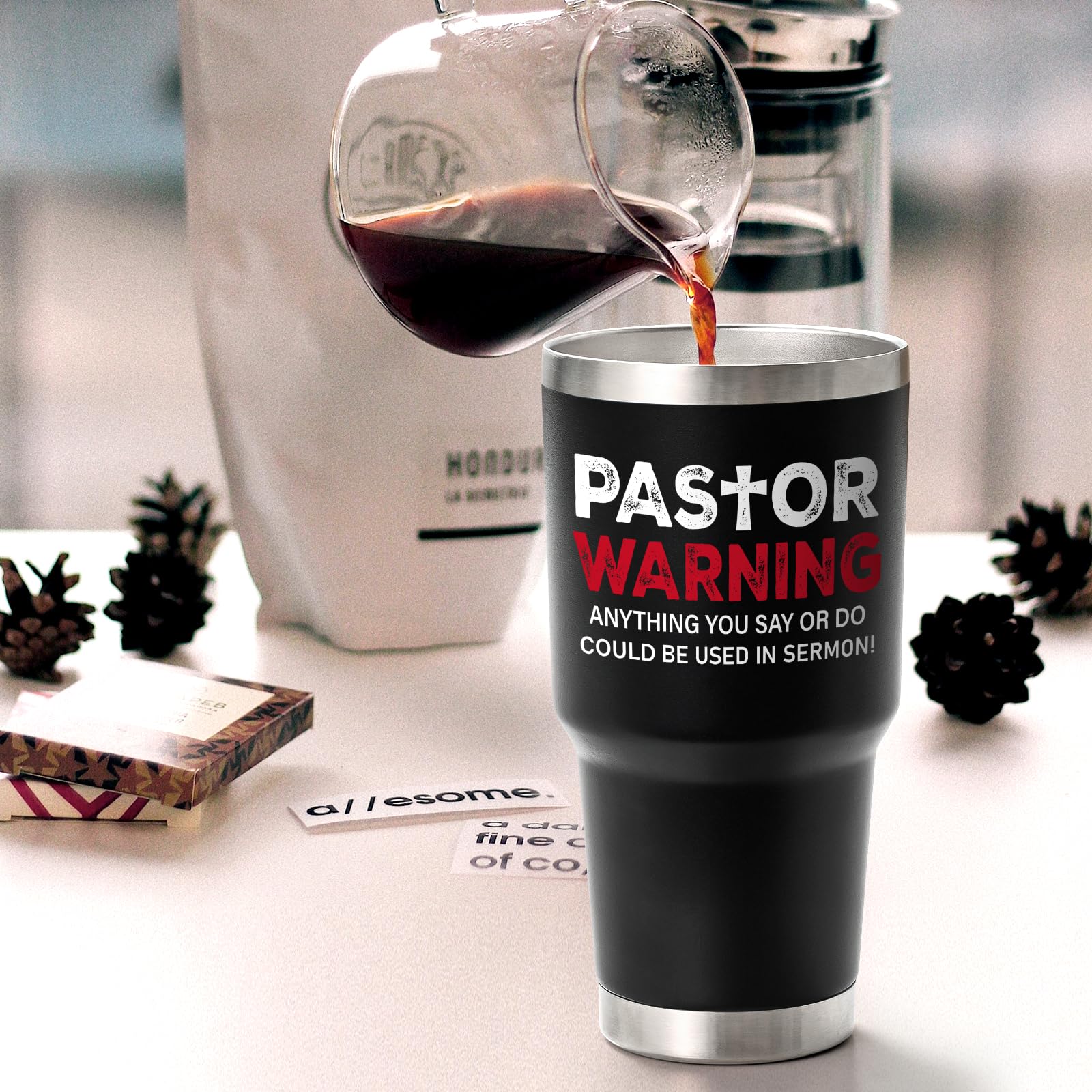 Pastor Warning Anything You Say Or Do Could Be Used In Sermon Insulated Tumbler, Funny Pastor Appreciation 30oz Stainless Steel Tumbler, Pastor Gifts for Preacher Minister Ordination Christmas, Black