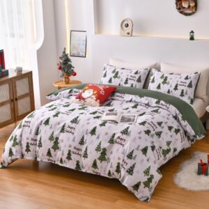 Luxudecor Christmas Duvet Cover Set Queen Size 3 Pieces, Green Christmas Tree Pattern, Soft Microfiber Duvet Cover, Reversible Bedding Set Xmas Holiday Decor(Not Comforter)