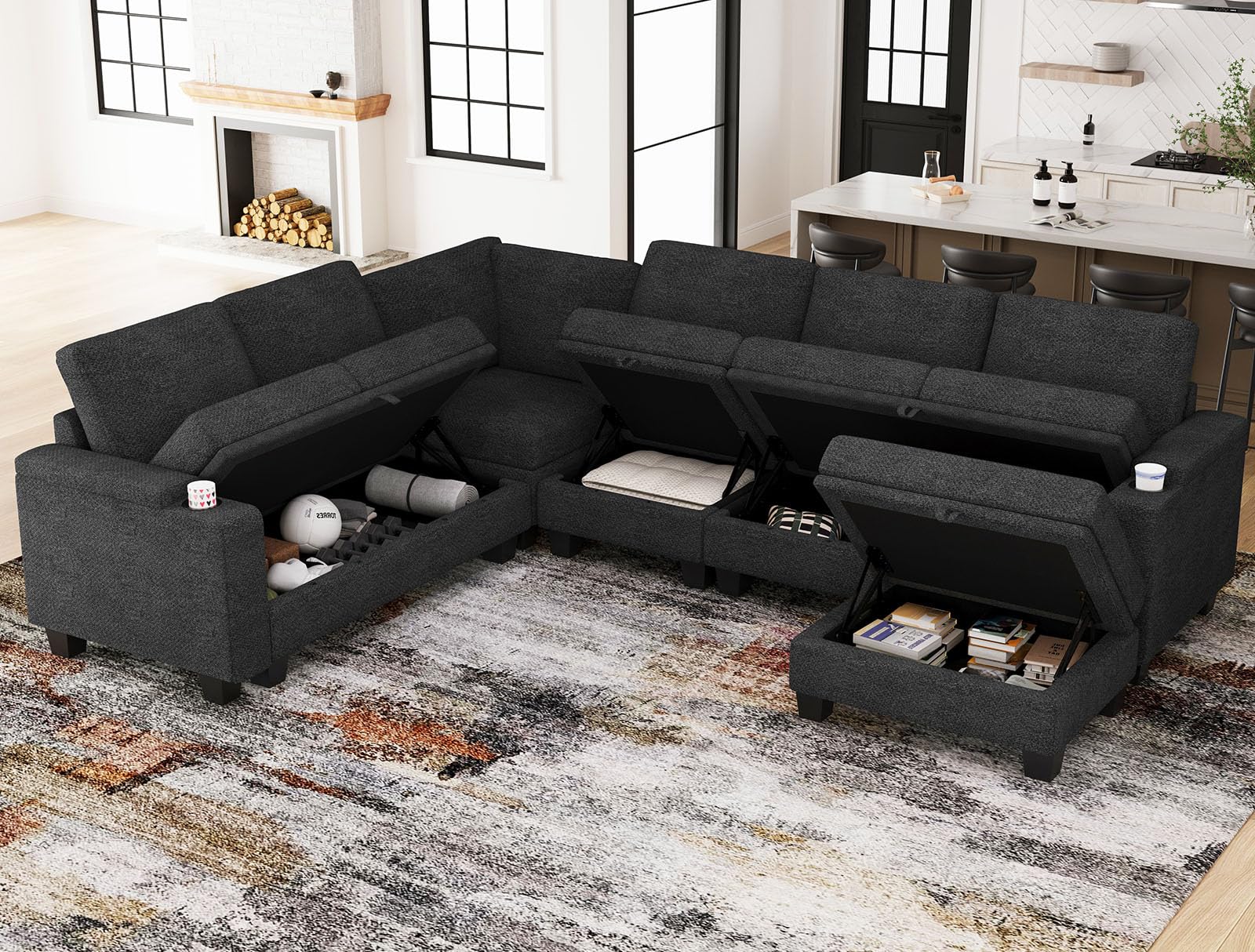 Belffin Modular Sectional Sofa with Storage, L Shaped Sectional Couch with Chaise. Convertible Corner Sectional Couch for Living Room. Dark Gray Couch.