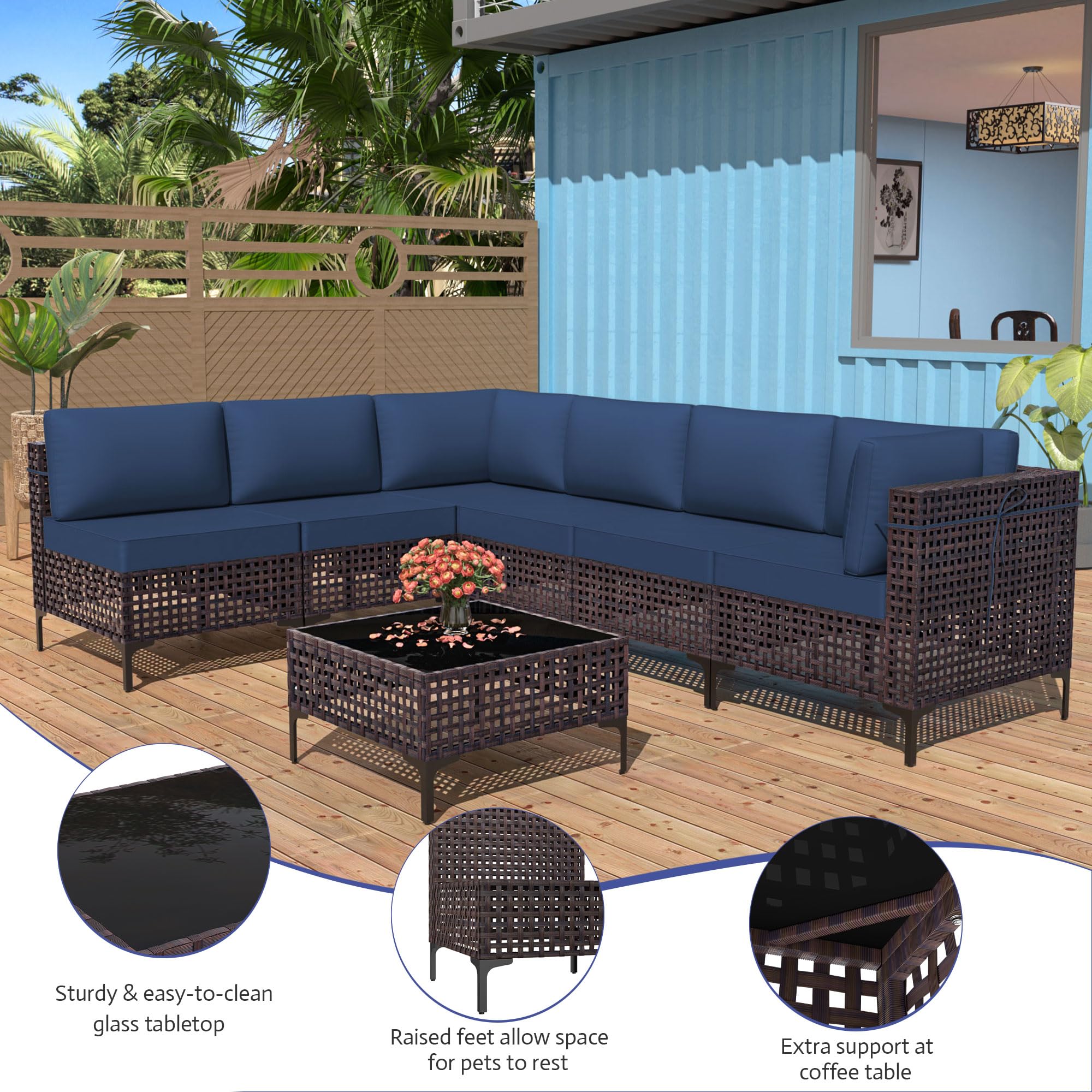 Halmuz 7 Piece Patio Furniture Set Outdoor Conversation Sofa Set, Skeleton Brown PE Rattan Wicker Furniture Patio Sofa w/Tempered Glass Top Table,Outdoor Furniture for Patio,Yard,Pool(Navy)