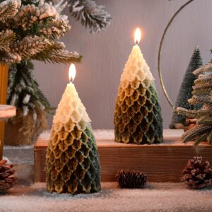 MTLEE 2 Pcs Christmas Tree Shaped Candles Large Christmas Candles Decor White Green Xmas Wax Scented Candles 2.5x5.5in Snow Tree Shaped Candle for Christmas Holiday Table Decoration