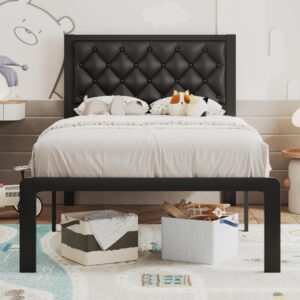 foredawn twin bed frame with faux leather upholstered headboard, metal support, no box spring needed, noise free, under bed storage, easy assembly, black