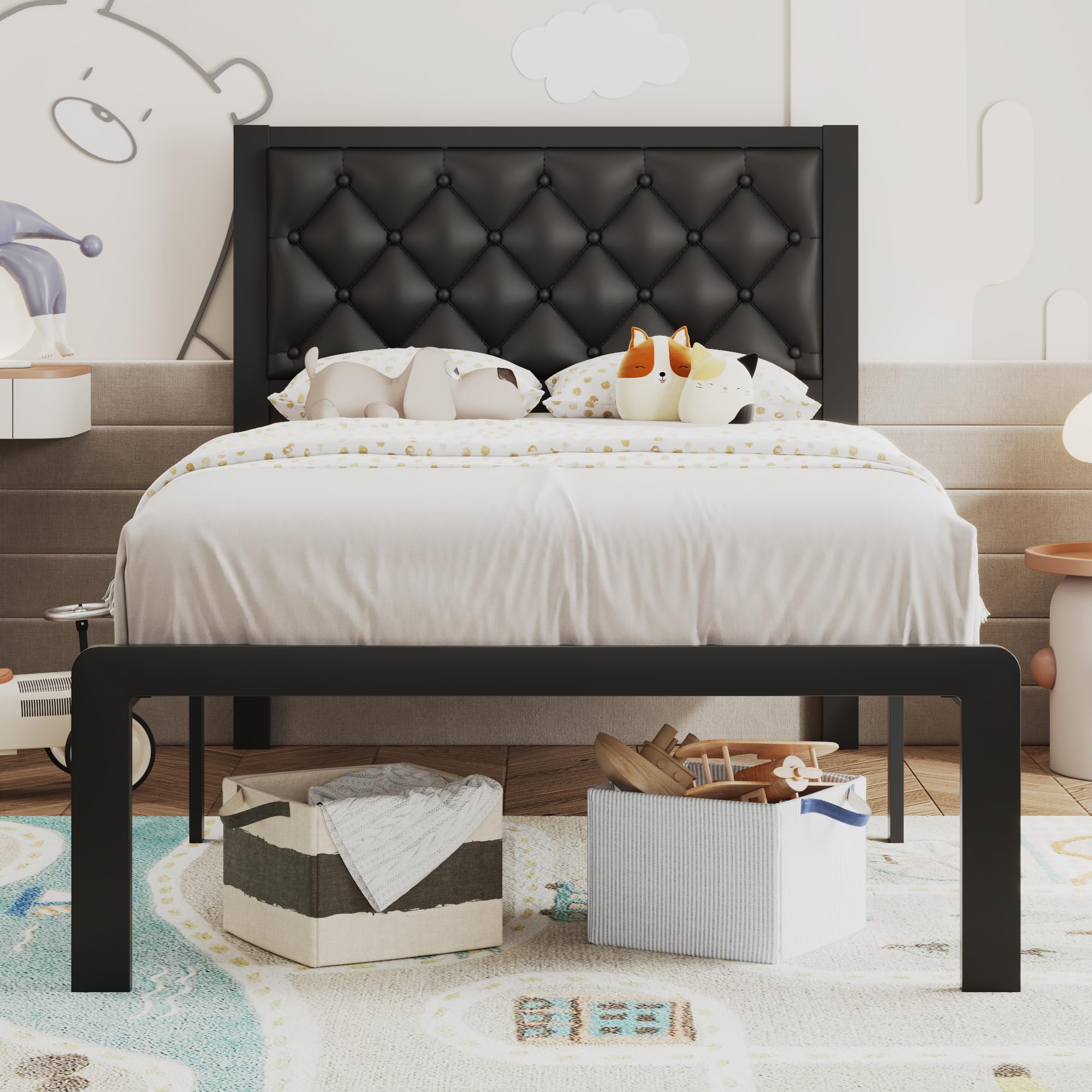 Foredawn Twin Bed Frame with Faux Leather Upholstered Headboard, Metal Support, No Box Spring Needed, Noise Free, Under Bed Storage, Easy Assembly, Black