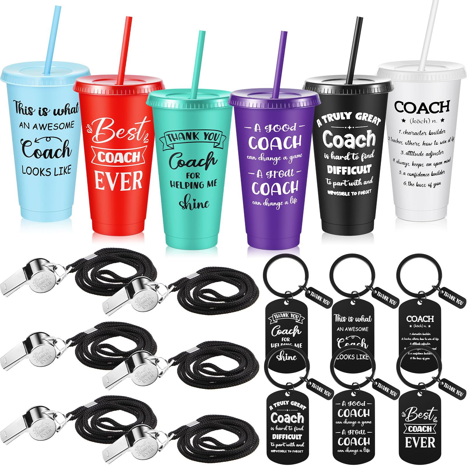 Hollowfly 6 Sets Coaches Gifts Best Coach Ever Plastic Cup with Lid and Straw 24 oz Coach Keychain Whistles Coaches Gifts Christmas Gifts Thank You Gifts for Football Basketball Coach(Multicolor)