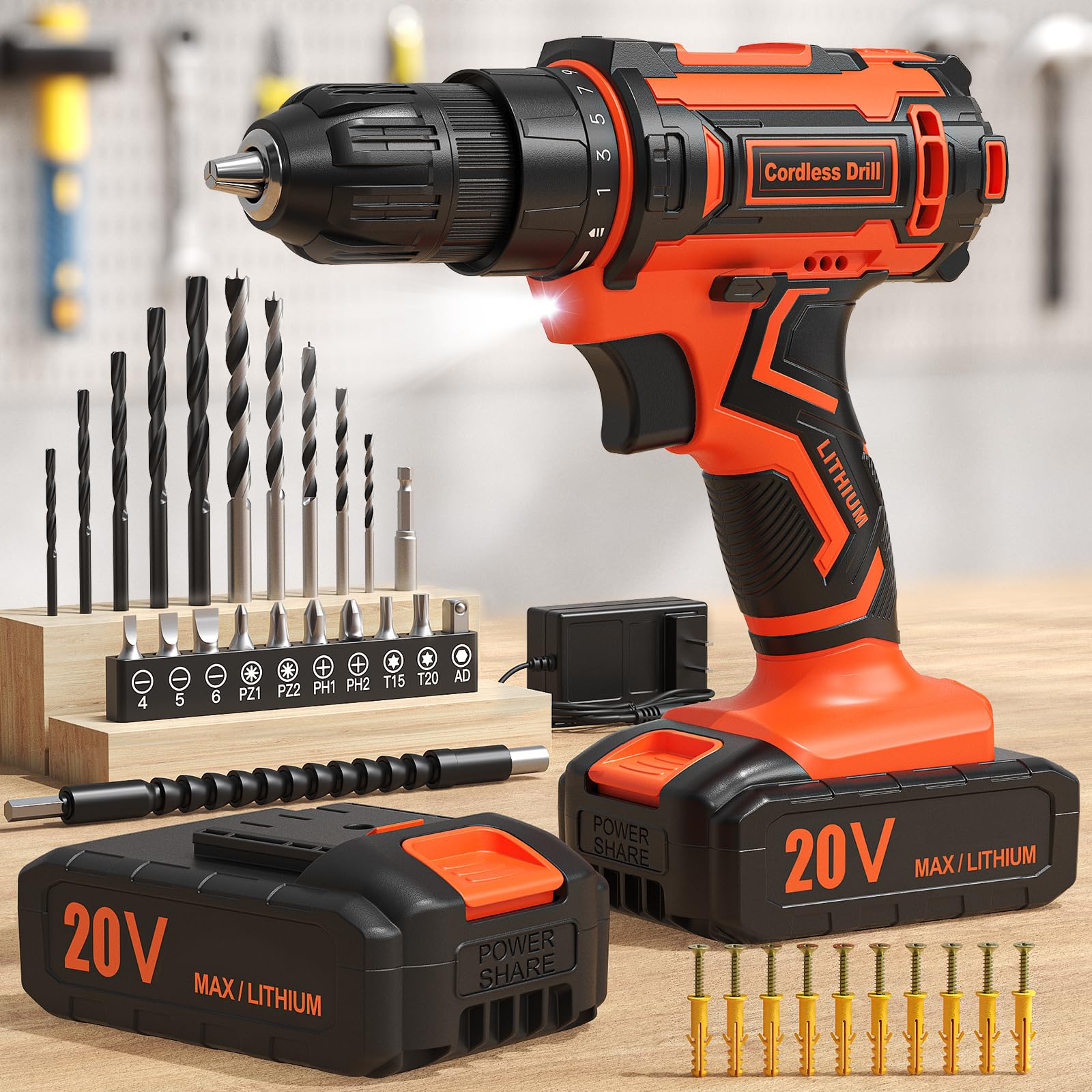 Cordless Drill, 20V Power Drill, Double 2000mAh Batteries Electric Drill, Cordless Drill with Battery and Charger, 3/8" Keyless Chuck Battery Drill with 25+1 Max 370 In-lb Torque, 42Pcs Drill Bits